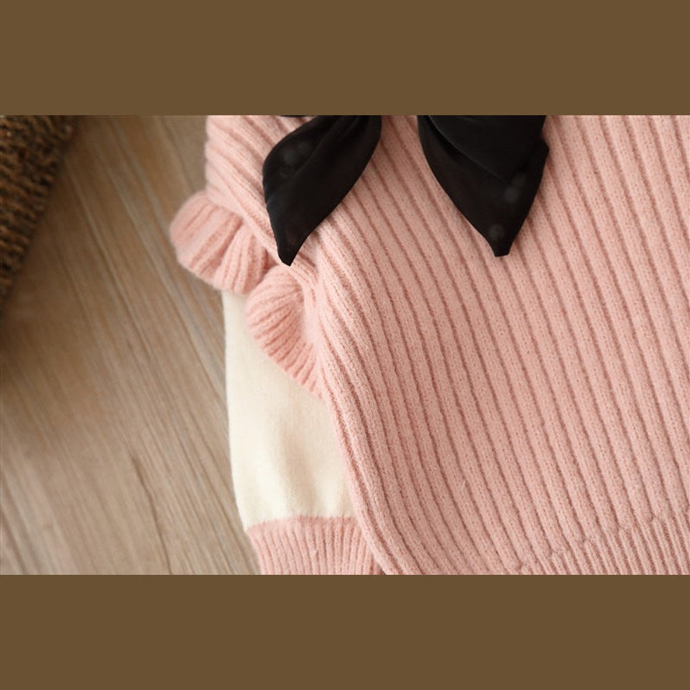 MyKids-USA® Baby Solid Color Bow Patched Sweater With Pants Sets