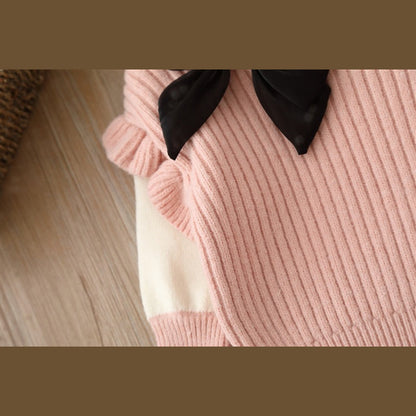 MyKids-USA® Baby Solid Color Bow Patched Sweater With Pants Sets