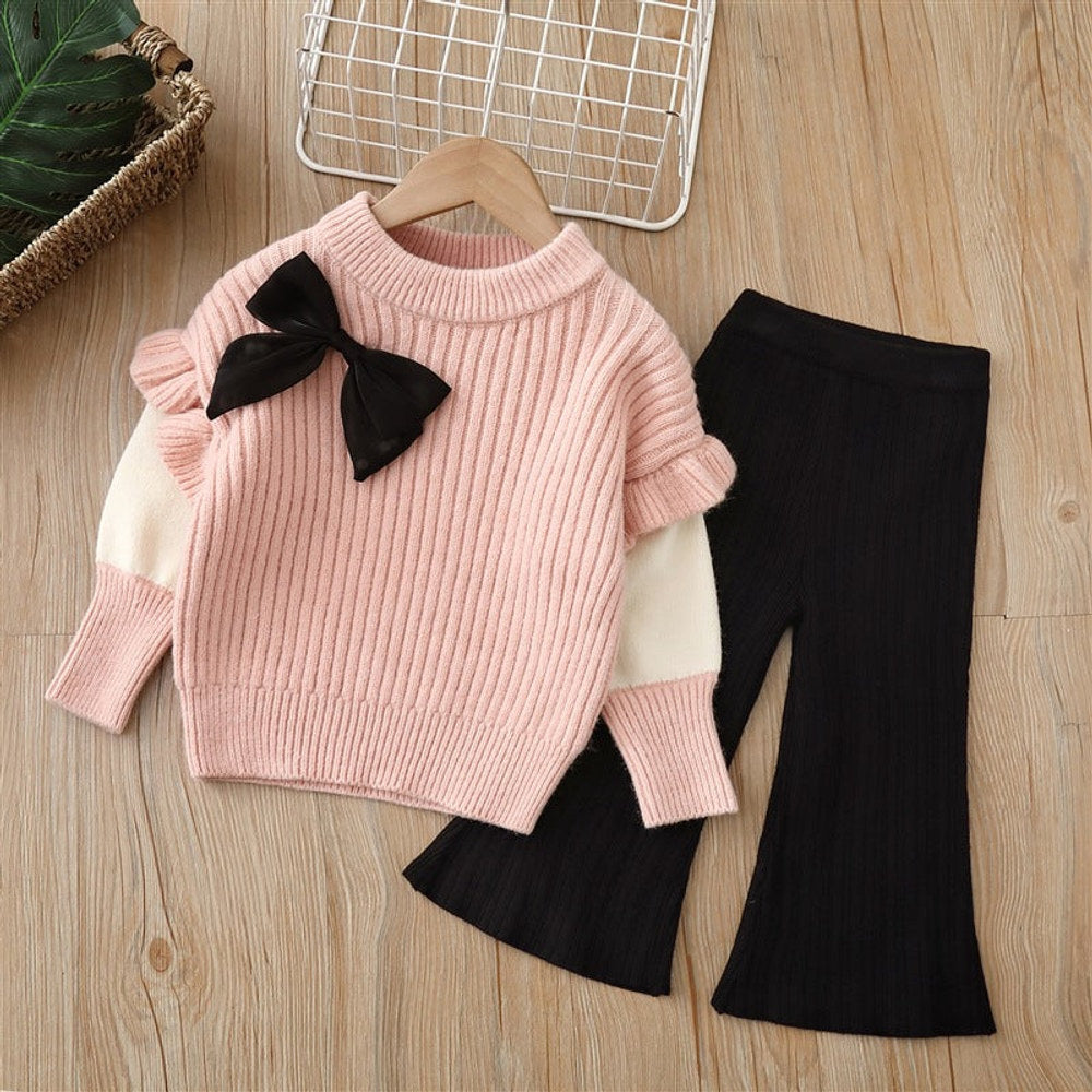 MyKids-USA® Baby Solid Color Bow Patched Sweater With Pants Sets