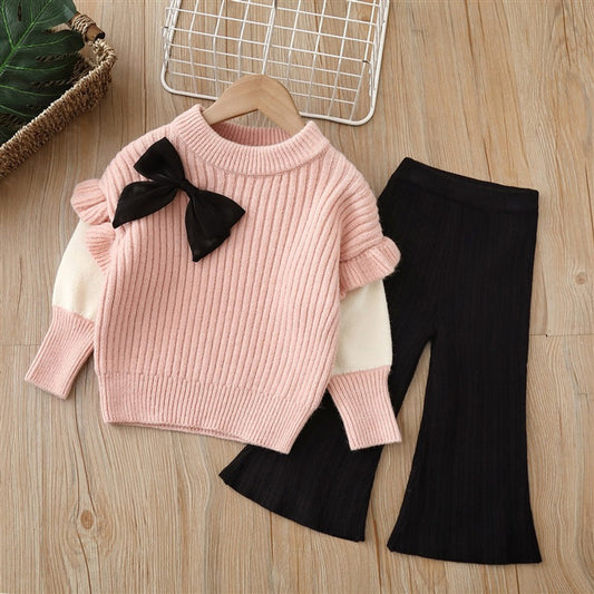 MyKids-USA® Baby Solid Color Bow Patched Sweater With Pants Sets
