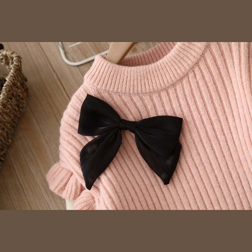 MyKids-USA® Baby Solid Color Bow Patched Sweater With Pants Sets