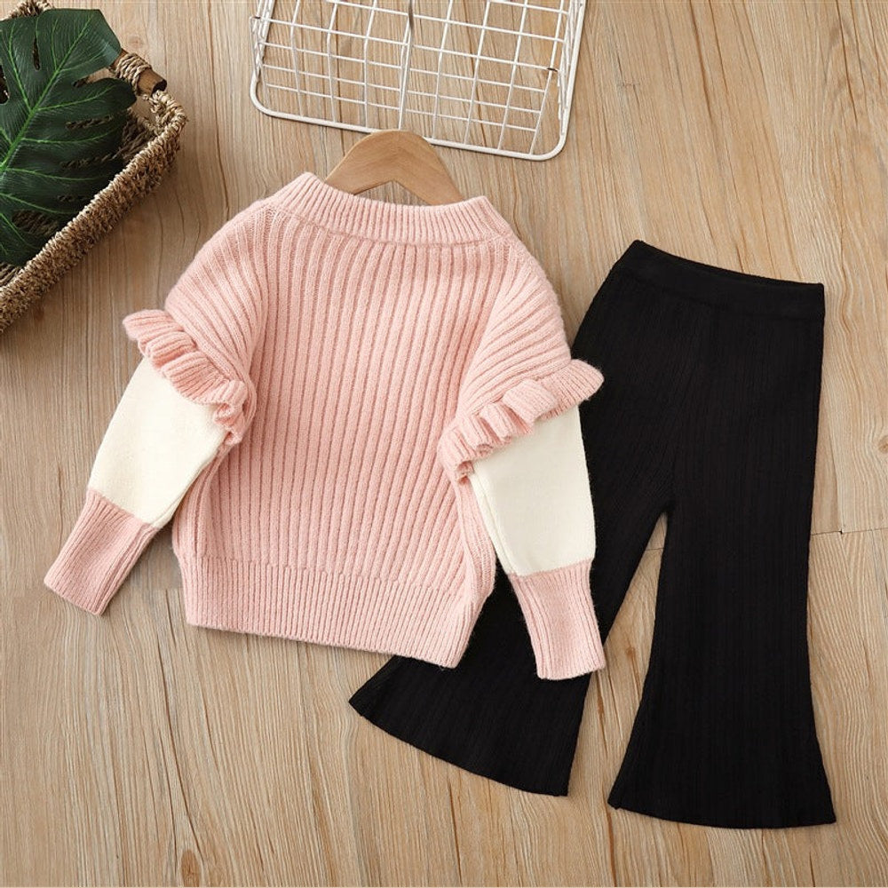 MyKids-USA® Baby Solid Color Bow Patched Sweater With Pants Sets