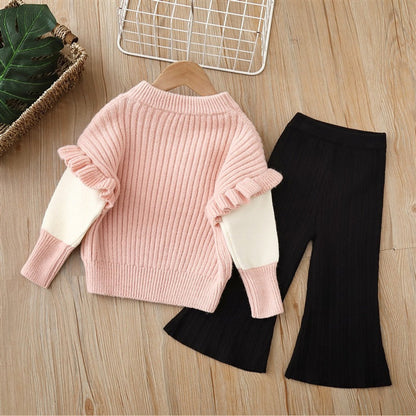 MyKids-USA® Baby Solid Color Bow Patched Sweater With Pants Sets