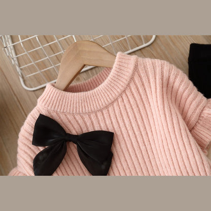MyKids-USA® Baby Solid Color Bow Patched Sweater With Pants Sets