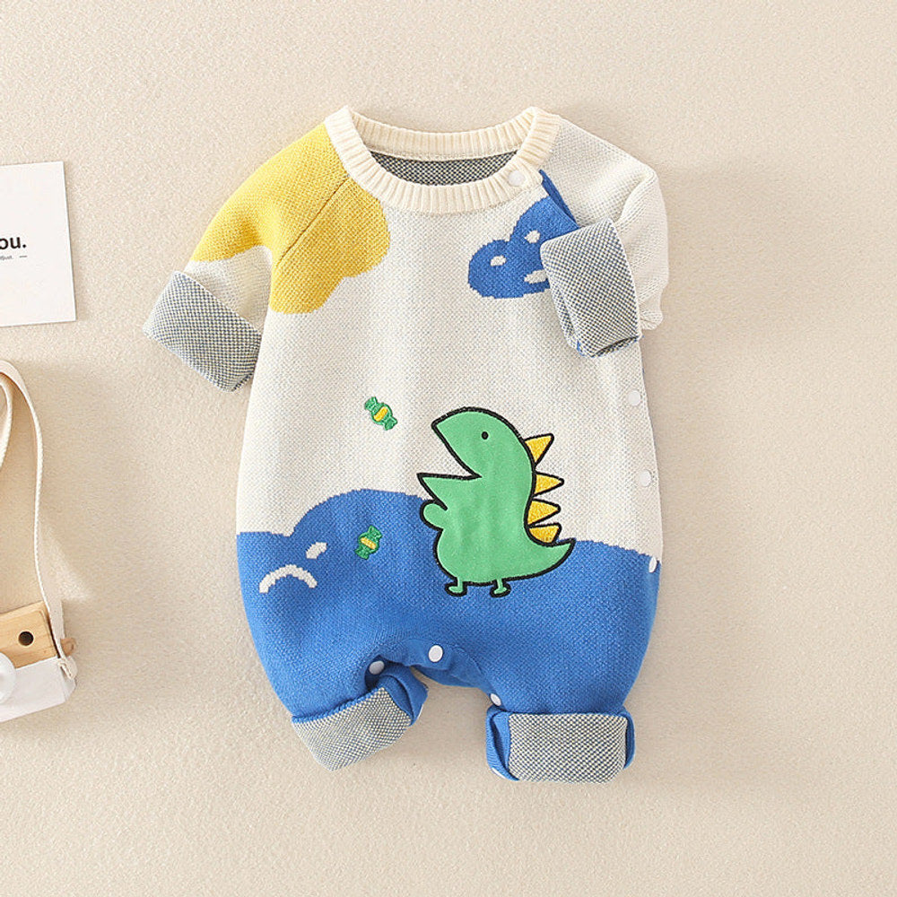 MyKids-USA® Baby Dinosaur Pattern Colorblock Design Cute Knit Romper