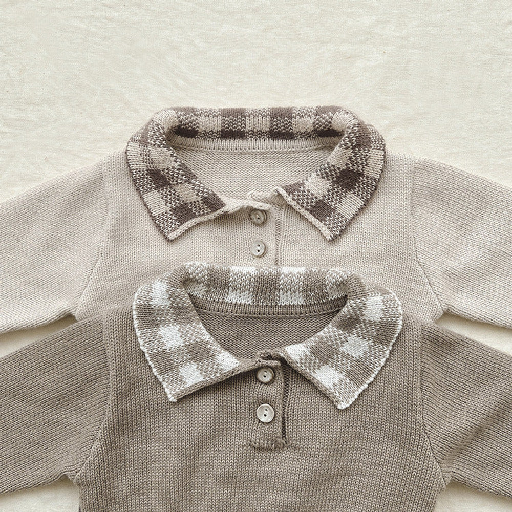 Baby Checkerboard Pattern Polo Neck Knit Warm bodysuit