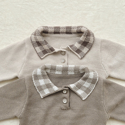 Baby Checkerboard Pattern Polo Neck Knit Warm bodysuit