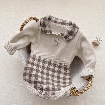 Baby Checkerboard Pattern Polo Neck Knit Warm bodysuit