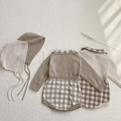 Baby Checkerboard Pattern Polo Neck Knit Warm bodysuit