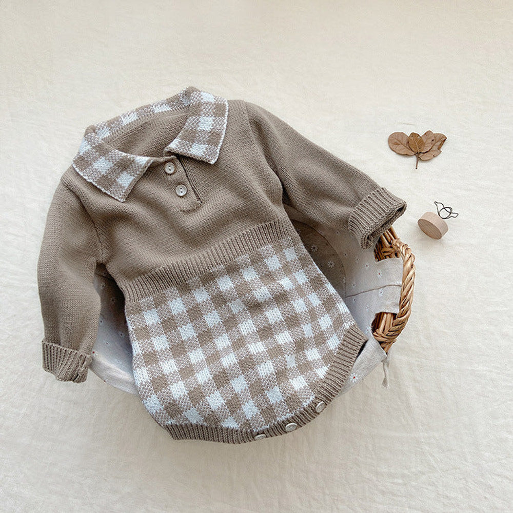 Baby Checkerboard Pattern Polo Neck Knit Warm bodysuit