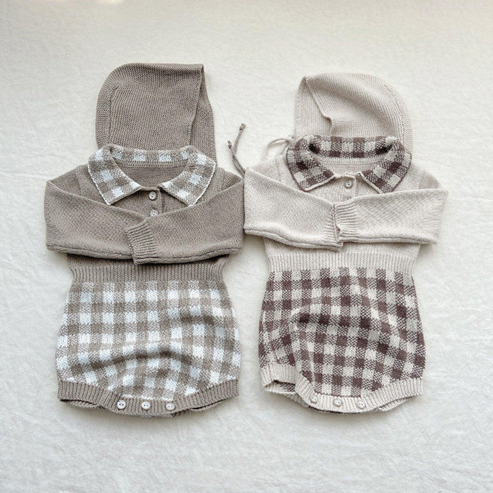 Baby Checkerboard Pattern Polo Neck Knit Warm bodysuit