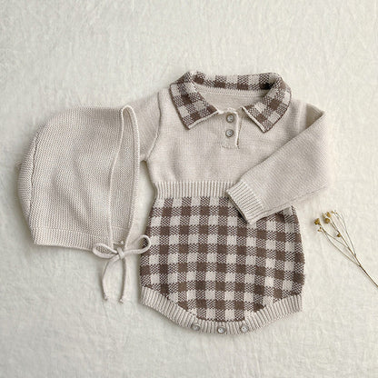 Baby Checkerboard Pattern Polo Neck Knit Warm bodysuit