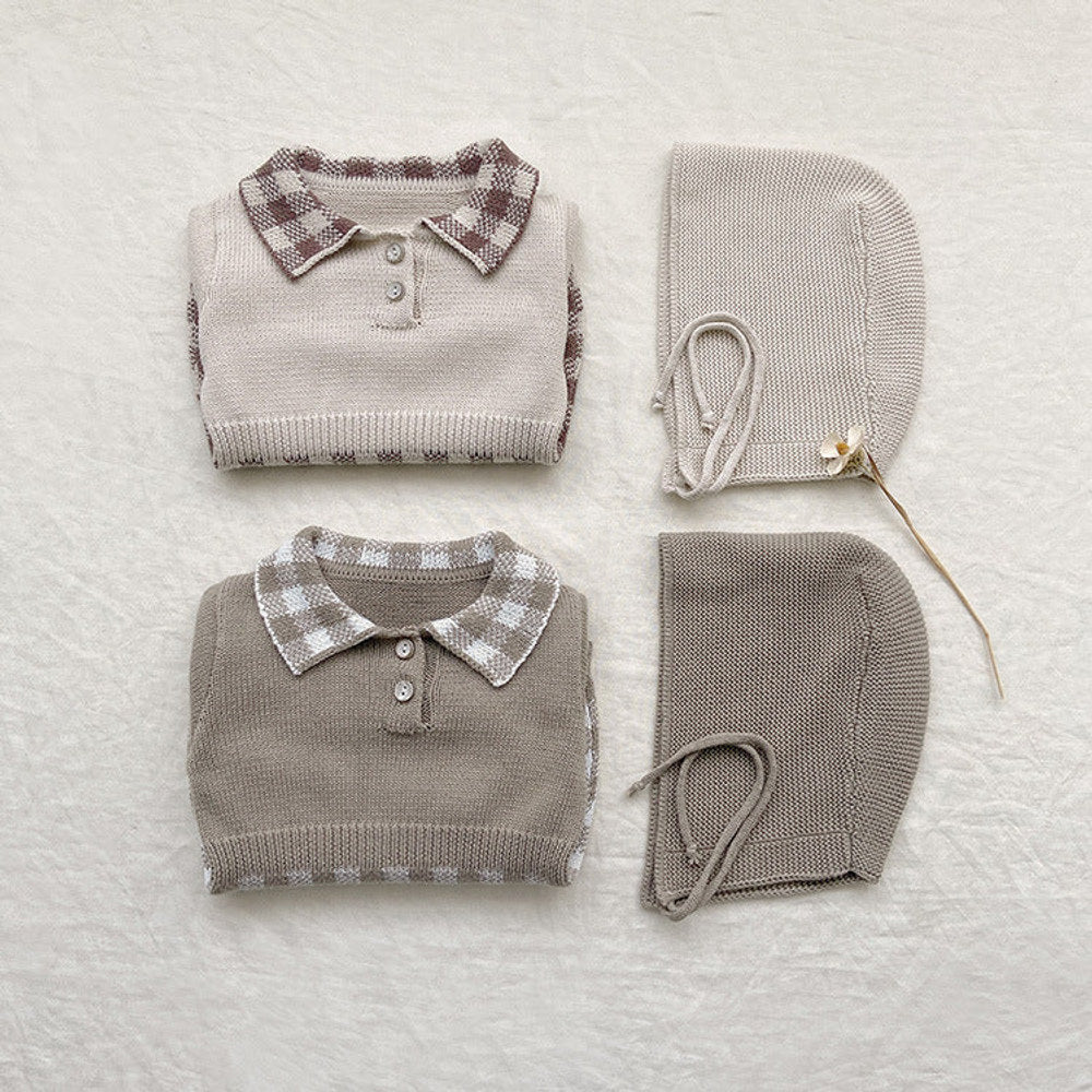 Baby Checkerboard Pattern Polo Neck Knit Warm bodysuit