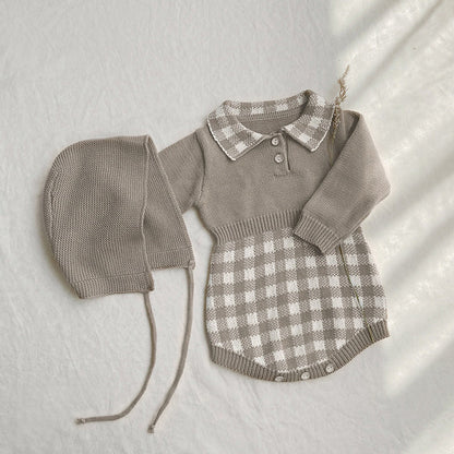 Baby Checkerboard Pattern Polo Neck Knit Warm bodysuit