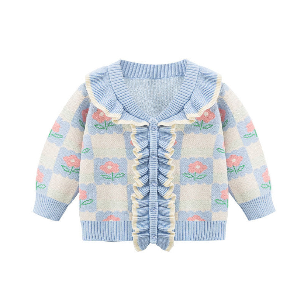 MyKids-USA® Baby Girl Flower Graphic Mesh Design V-Neck Knit Cardigan
