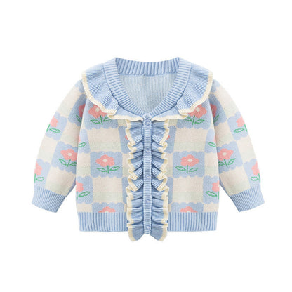 MyKids-USA® Baby Girl Flower Graphic Mesh Design V-Neck Knit Cardigan