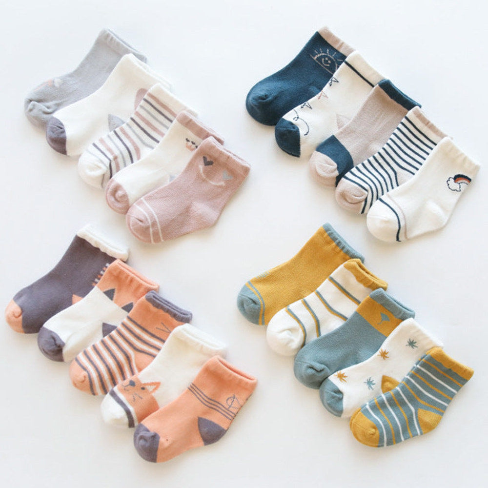 MyKids-USA® Baby Print Pattern Spring Autumn Cotton 1Bag=5Pairs Socks