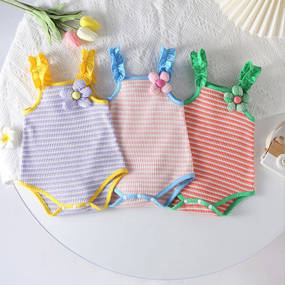 MyKids-USA® Baby Girl Striped Pattern Floral Patched Design Sling bodysuit