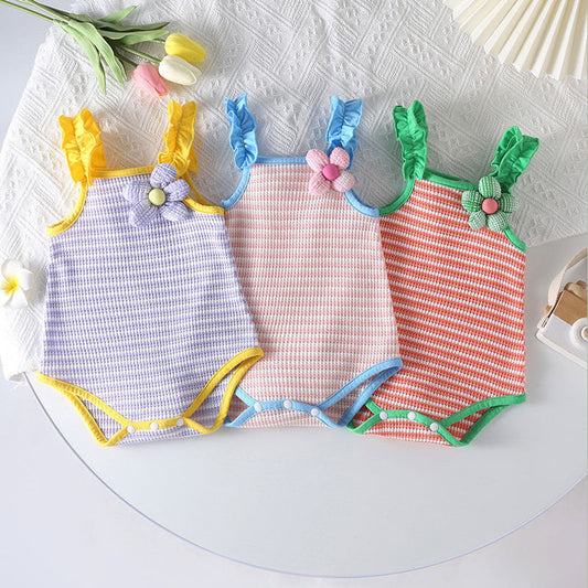 MyKids-USA® Baby Girl Striped Pattern Floral Patched Design Sling bodysuit