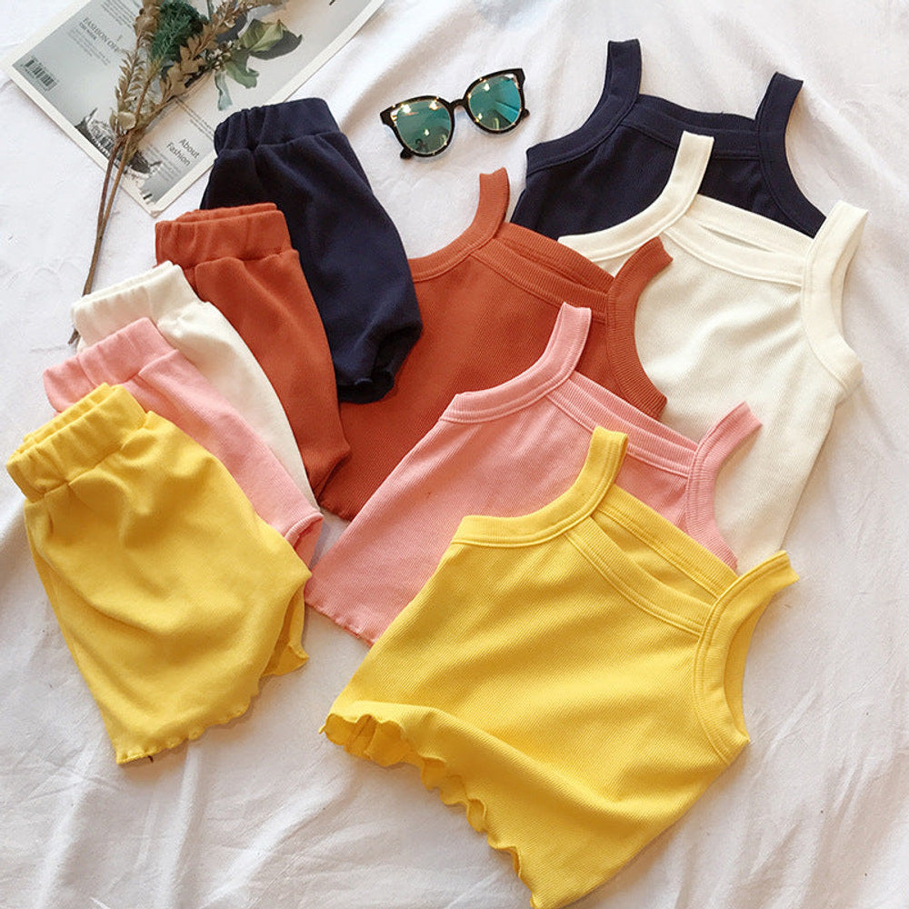MyKids-USA® Baby Girl Solid Color Sleeveless Vest With Shorts Sets