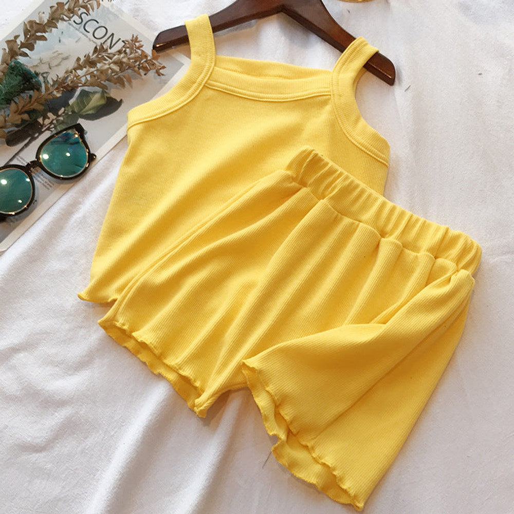 MyKids-USA® Baby Girl Solid Color Sleeveless Vest With Shorts Sets