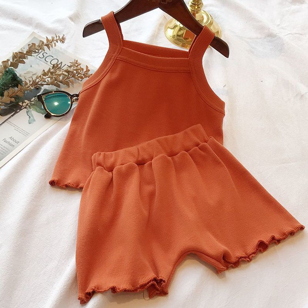 MyKids-USA® Baby Girl Solid Color Sleeveless Vest With Shorts Sets