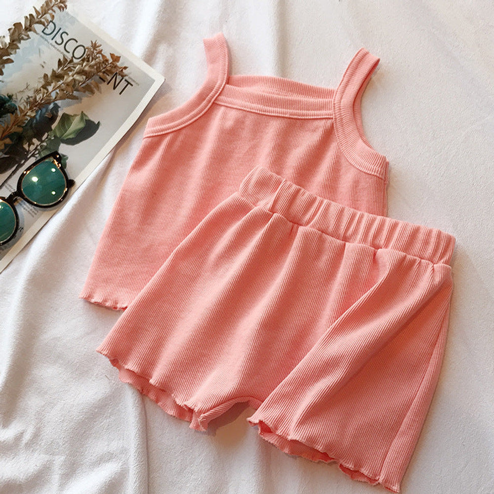 MyKids-USA® Baby Girl Solid Color Sleeveless Vest With Shorts Sets