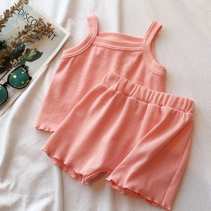 MyKids-USA® Baby Girl Solid Color Sleeveless Vest With Shorts Sets