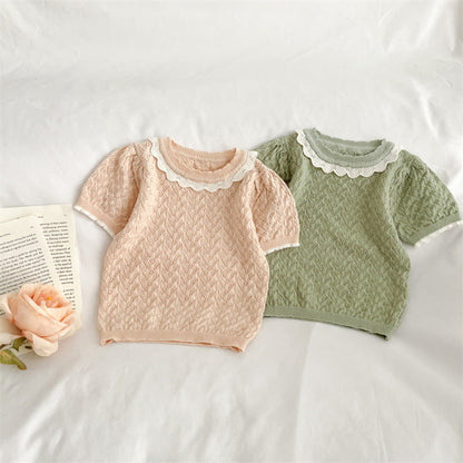 MyKids-USA® Baby Girl Hollow Carved Design Ruffle Design Cute Knit Tee