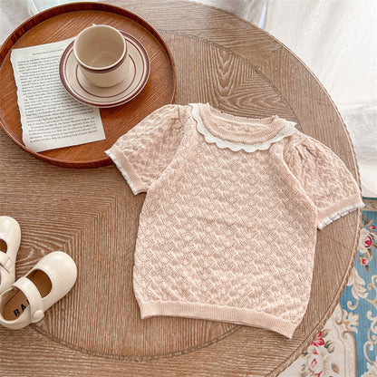 MyKids-USA® Baby Girl Hollow Carved Design Ruffle Design Cute Knit Tee
