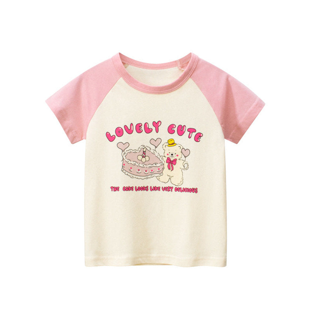 MyKids-USA® Baby Girl Lovely Cake Bear Print Color Matching Sleeves Design T-Shirt
