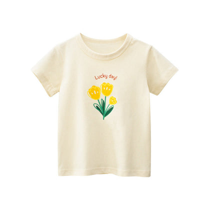 MyKids-USA® Baby Girl Floral Print Solid Color O-Neck Short Sleeved T-Shirt