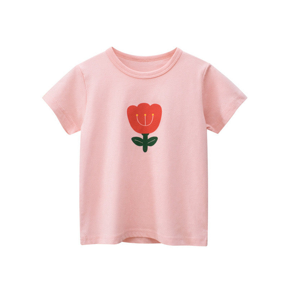 MyKids-USA® Baby Girl Floral Print Solid Color O-Neck Short Sleeved T-Shirt
