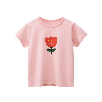 MyKids-USA® Baby Girl Floral Print Solid Color O-Neck Short Sleeved T-Shirt