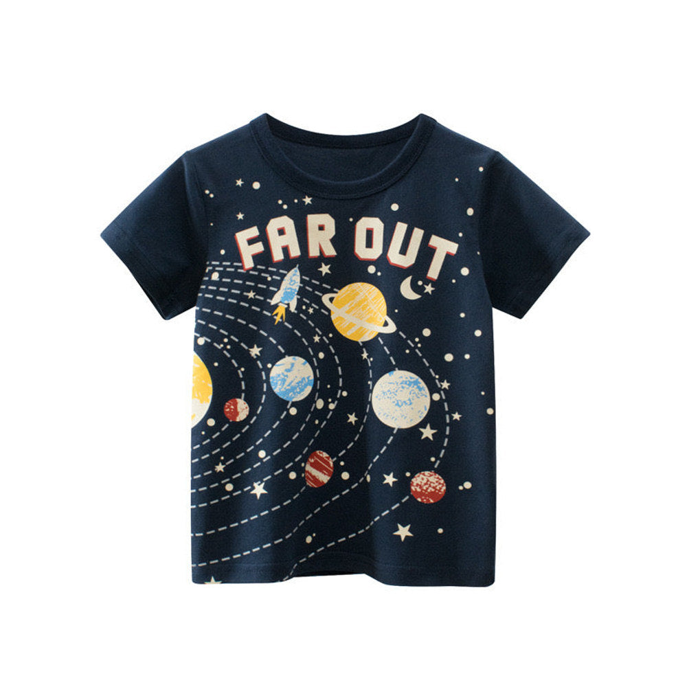 MyKids-USA® Baby Boy Planet Print Short-Sleeved Soft T-Shirt In Outfit Wearing