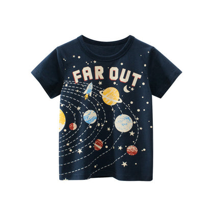 MyKids-USA® Baby Boy Planet Print Short-Sleeved Soft T-Shirt In Outfit Wearing