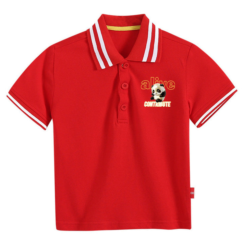 MyKids-USA® Baby Boy Panda Print Pattern Polo Collar White T-Shirt Preppy Style Short-Sleeved Tee Shirt With Button