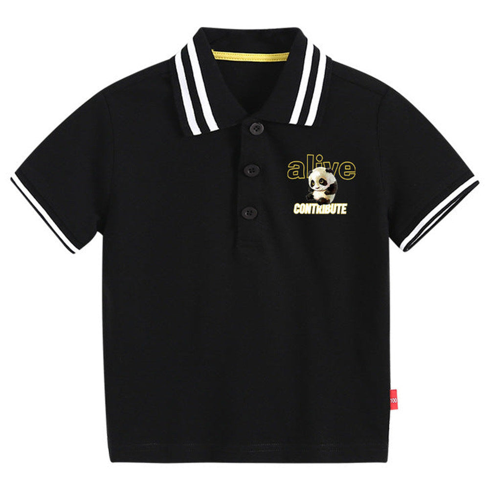 MyKids-USA® Baby Boy Panda Print Pattern Polo Collar White T-Shirt Preppy Style Short-Sleeved Tee Shirt With Button