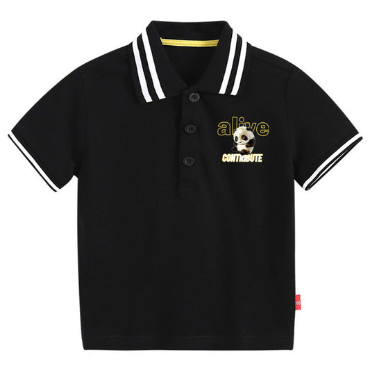 MyKids-USA® Baby Boy Panda Print Pattern Polo Collar White T-Shirt Preppy Style Short-Sleeved Tee Shirt With Button