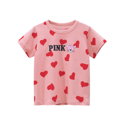 MyKids-USA® Baby Girls Heart Print Round Collar Short-Sleeved Tee Shirts