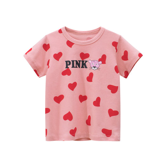 MyKids-USA® Baby Girls Heart Print Round Collar Short-Sleeved Tee Shirts
