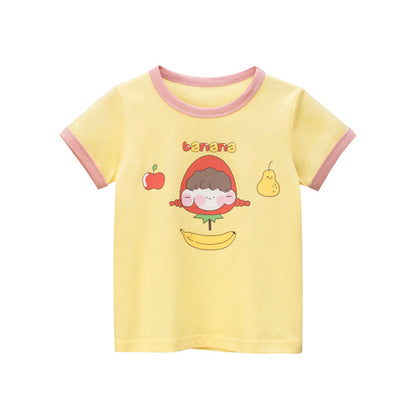 MyKids-USA® Girl Apple Banana Pear With Doll Print Round-Collar Short-Sleeved Shirt