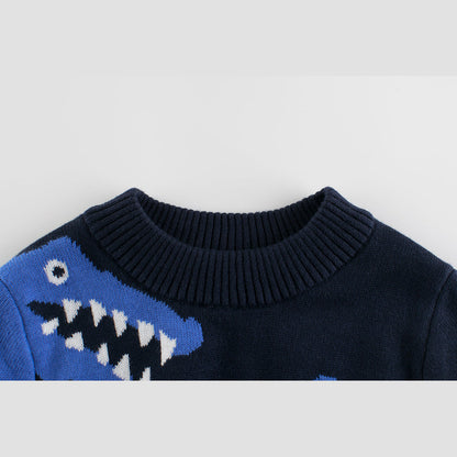 MyKids-USA® Boys Multi Color Contrast Dinosaur Pattern Round Collar Knit Sweater Outfit