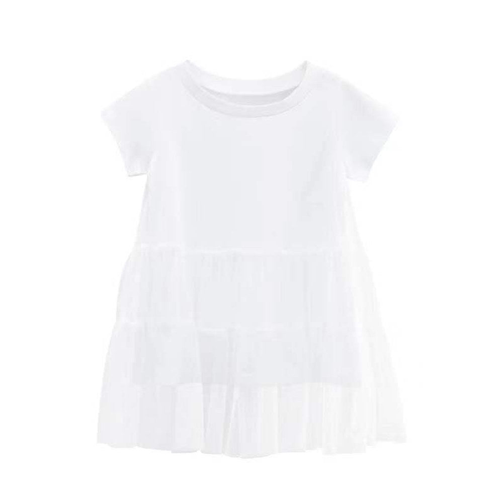 MyKids-USA® Girl Solid Mesh Pattern Short Sleeve Round Collar Dress In