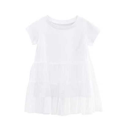 MyKids-USA® Girl Solid Mesh Pattern Short Sleeve Round Collar Dress In