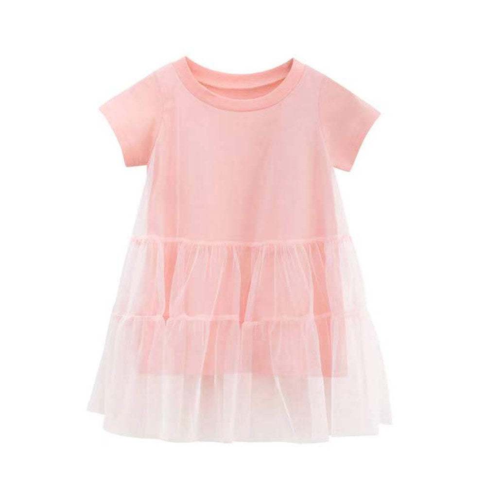 MyKids-USA® Girl Solid Mesh Pattern Short Sleeve Round Collar Dress In