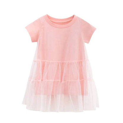 MyKids-USA® Girl Solid Mesh Pattern Short Sleeve Round Collar Dress In