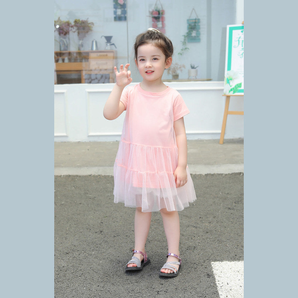 MyKids-USA® Girl Solid Mesh Pattern Short Sleeve Round Collar Dress In