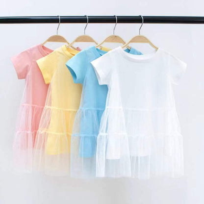 MyKids-USA® Girl Solid Mesh Pattern Short Sleeve Round Collar Dress In