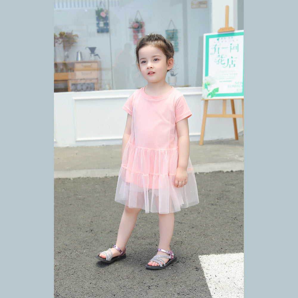 MyKids-USA® Girl Solid Mesh Pattern Short Sleeve Round Collar Dress In